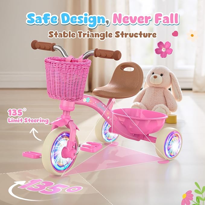 Kkdi Toddler Tricycle for 1-3 3-5 Year Olds, 2 3 4 5 Year Old Girl Birthday Gifts, Pink Toddler Baby Bike, Outdoor Riding Toys for Ages 2-4, 4-Level Adjustable Seat, 3 Color Light Wheels, 2 Baskets