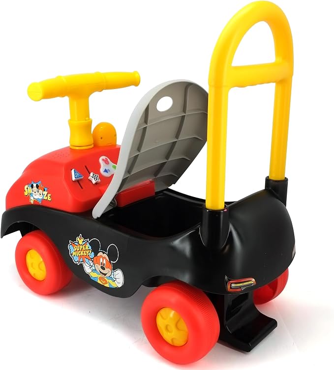 Kiddieland Mickey Mouse Foot-to-Floor Ride-On with Foldable Handle, Interactive Sounds, Toy Phone, Under-Seat Storage, Wide Wheels, 12–36 Months, 55 lb Limit, Batteries Included