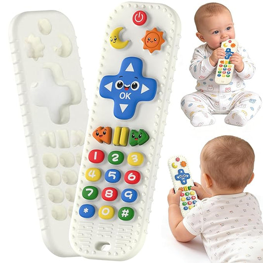 Baby Teething Toys Silicone Baby Remote Teether Over 3 Months - Baby Essentials Sensory Chew Toys - Baby Teether for Teething Relief - BPA Free Infant Toys Baby Shower Gifts (1, White)