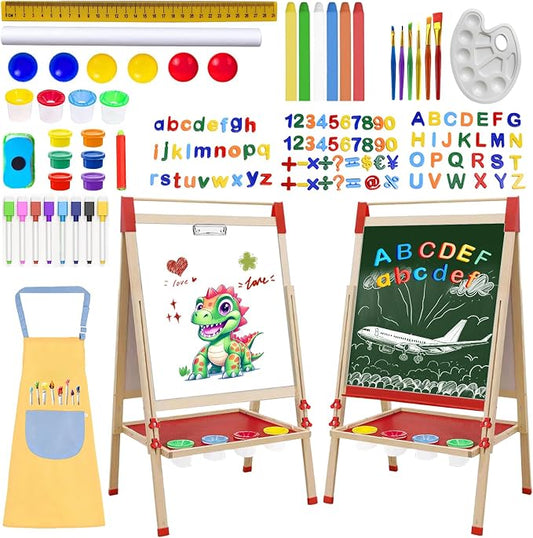 Double-Sided Chalk & White Board Magnetic Art Easel for Kids, Adjustable Height Wooden Easel with Alphabet Numbers, Paper Roll, Educational Toys for Toddlers