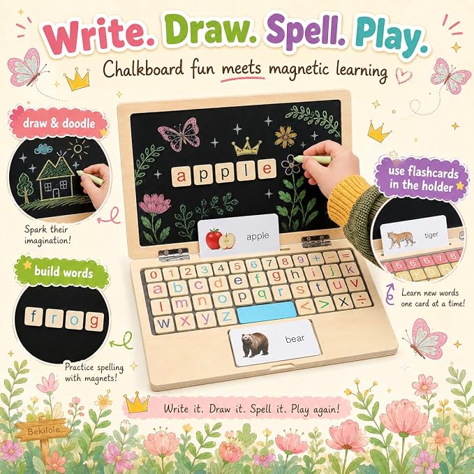 Montessori Toys 4 Year Old Girl Birthday Gifts 11.8" Floral Laptop, Homeschool Essentials, Educational Learning Pretend Play, Toddlers Toys, Customized Flashcards Learning