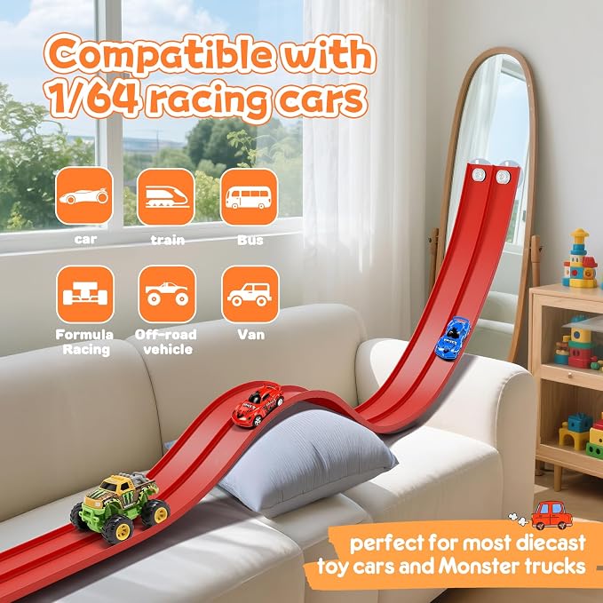 KETIEE Flex Tracks 16Ft for Kids: Flexible Race Car Ramp Track with 2 Small Racecars and 4 Suction Cups Compatible with Diecast 1/64th Cars, Rolls Up Portable Racetrack for Ages 3 & Up