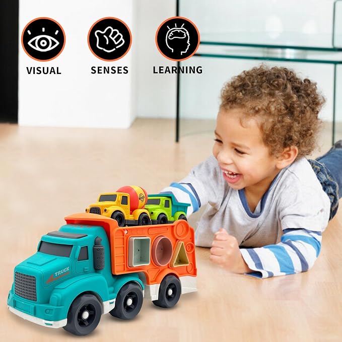 Aigitoy 3 Pcs Toddler Car Toys for 1-3 Years Old, Construction Vehicle Toys Carrier Tuck Set Includes Dump Truck, Mixer Cement, Shape Sorter, No BPA, Phthalates, PVC, Christmas Birthday Gifts for Kids