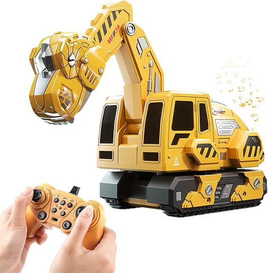 Remote Control Excavator Toys for Boys 4-7, Construction Trucks 2.4GHz RC Excavator with Light and Sound, Dinosaur Toys for Kids 3-5, Christmas Birthday Gifts for Kids (Yellow)