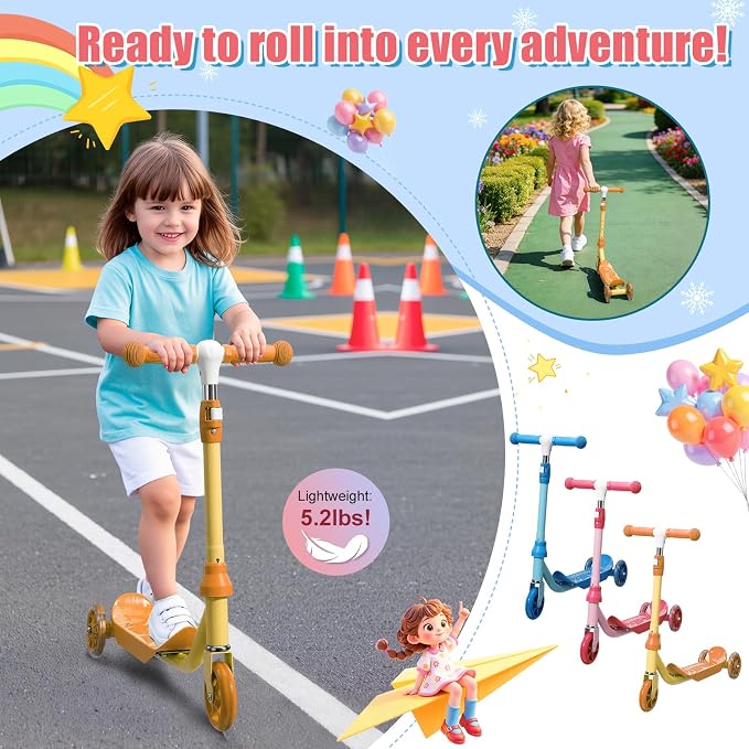 Kick Scooter for Kids Ages 3-7, Three Wheel Toddler Scooter with Handlebar Steering(No Lean),Height Adjustable, Light Up Rear Wheels, Indoor Outdoor Toy for Girls Boys, Holiday Birthday Gift