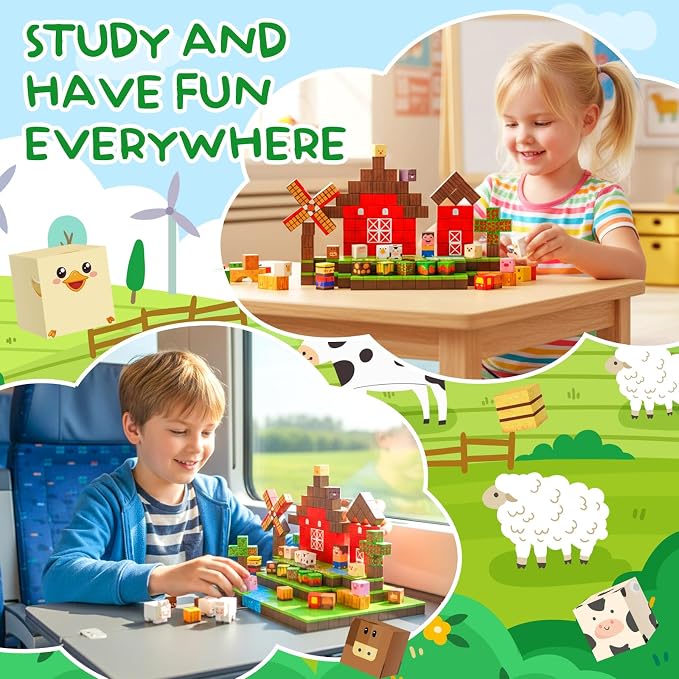 200PCS Large Farm Magnetic Building Blocks, Animals Stacking Magnet Build Cubes Montessori STEM Sensory Educational Game Toys for Kids Boys Girls Christmas Xmas Birthday Gifts