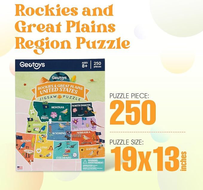 Geotoys Rockies & Great Plains Region Jigsaw Puzzle - Educational and Interactive Map Game - 250 Piece Puzzles - Jigsaw Puzzles for Kids Ages 8-12 - Kids Puzzle Games with Colorful Landmarks