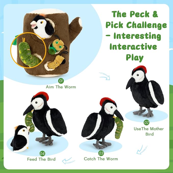 MaoGoLan 6pcs Woodpecker Bird Stuffed Animal Plush Set - Magnetic Stuffed Woodpecker Plush Feeding the Bird Toys for Toddlers, Fun Educational Toys Gift for Toddlers Kids Girls Boys