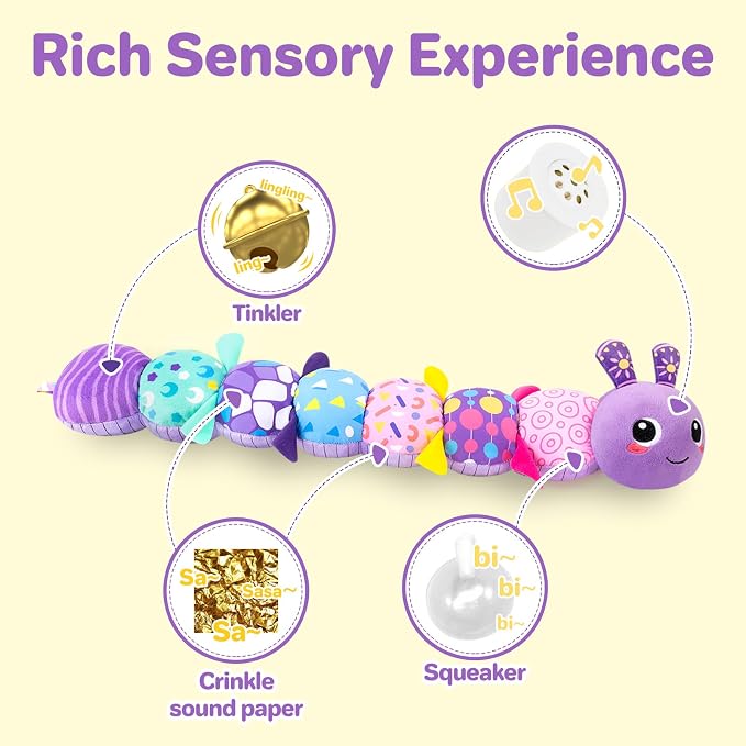 KMUYSL Baby Sensory Caterpillar Toys for 0-6 6-12 Months, Soft Plush Activity Toy with Crinkle, Rattle & Gentle Music, Tummy Time Toy for Infant Newborn, Early Development Toy Shower Gifts for Baby