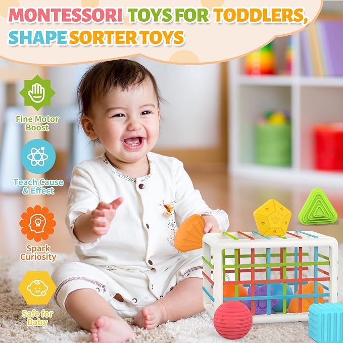 MINGKIDS Montessori Toys for 1 Year Old, Cube & 6 Sensory Shape Blocks&6 Colors Ball Pit Balls,Baby Sensory Fine Motor Skills Developmental Toys,Gifts for 12 18 Month Age 1 2