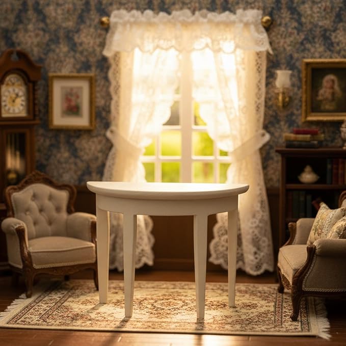 Miniature Half Moon Table Dollhouse Furniture 1/12 Scale for Living Room Bedroom Hallway, Entrance, Small Spaces, DIY Doll House Accessories (White)