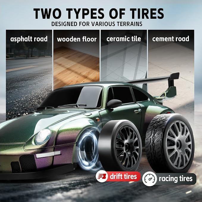 RC Drift Car, 1:24 Scale Remote Control Vehicle with LED Lights, 2.4GHz 20KM/H 4WD High Speed RC Cars, Drifting Tires＆Two Batteries, Racing Sports Toy Idea Gift for Adults Boys Girls and Kids