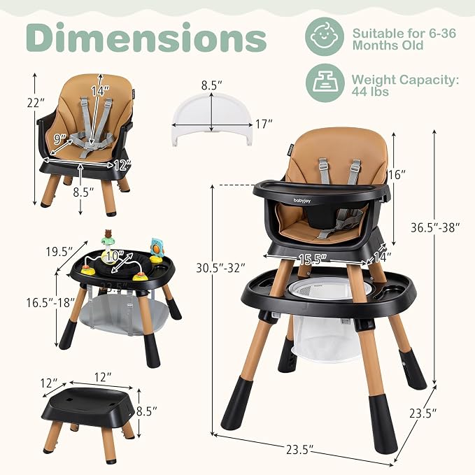 BABY JOY 16 in 1 High Chair, Convertible Baby Highchair for Babies and Toddlers with Activity Center, Booster Seat, Building Block Table, Toddler Chair with Safety Harness, Removable Tray (Coffee)