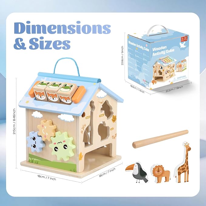Wooden Activity Cube 8-in-1 Baby Activity Center Montessori Toys for 1 Year Old & Up Educational Learning Toys for Toddlers with Animal Friends