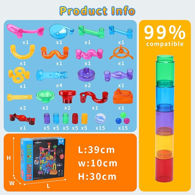 EagleStone 79PCS Transparent Marble Run STEM Maze Building Toy Play Set | 49 Track Pieces With Glow-In-The-Dark Glass Marbles, Building Toy For Kids Ages 3-12, Educational Gift For Boys And Girls