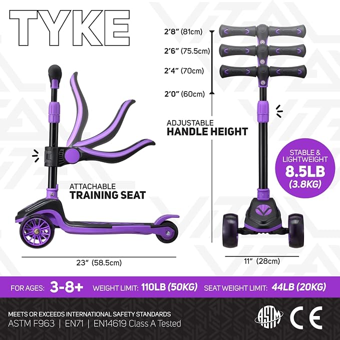 Vital Tyke 3 Wheel Toddler Scooter | LED Wheels, Foldable, Tool-Free Adjustable Handlebar & Removable Seat Scooters for Kids 3-5 and kick Scooters for Kids 5-7 up to 110lbs
