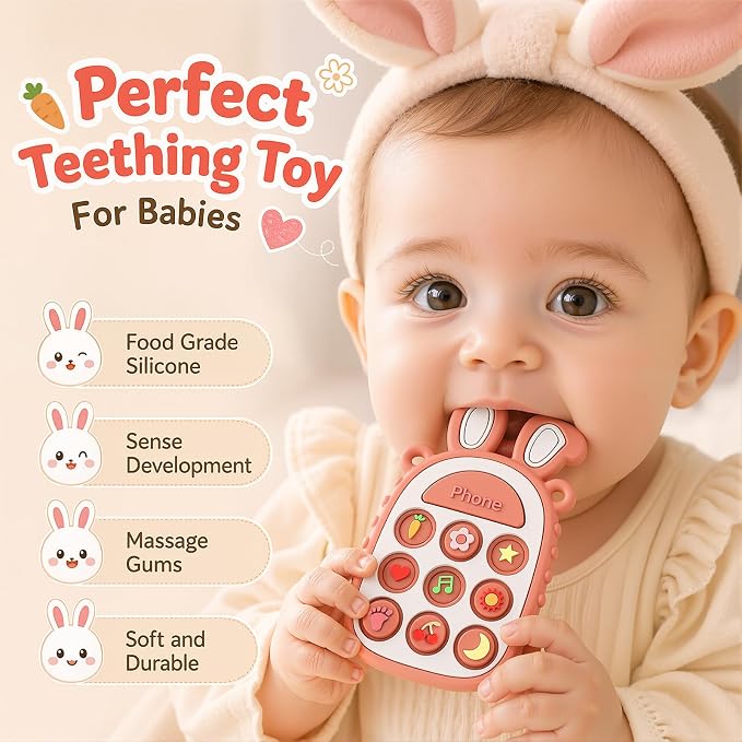 Press Phone Teether for Baby Girls, Soft Silicone Teething Toy, Sensory Toy | Teething Relief, BPA-free, Freezer, for Baby 3 Months+, Cute Rabbit Design with Textures and 9 Patterns, Press & Pop for Fun!