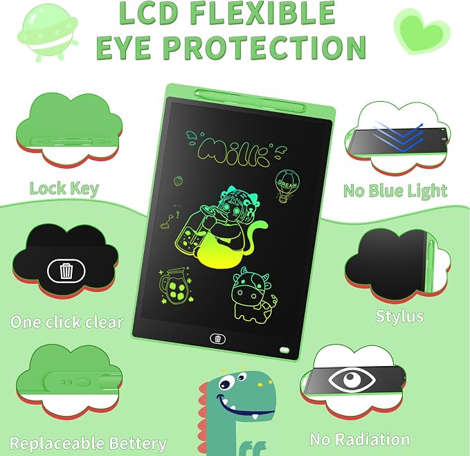 Genialba LCD Writing Board 10 Inches, Colourful Electronic Tablet, Portable Erasable Drawing Board, Graphic Tablet for Children's Games 3 4 5 6 7 Year Old Kid Boys Girls (Green)