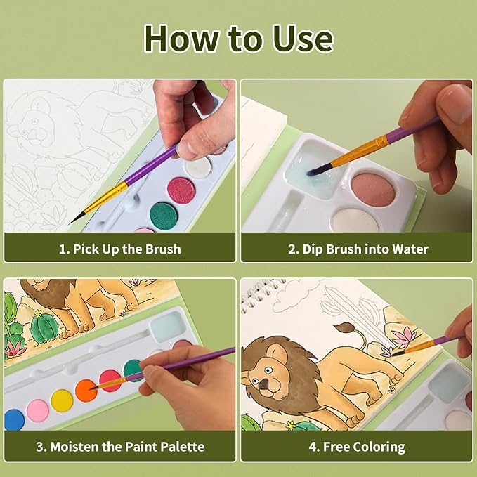 Cavnewt Watercolor Coloring Books for Kids Ages 4-8, Mess Free Watercolor Painting Book, Paint with Water Books for Toddlers, Travel Activities Arts Party Favors Birthday Gifts for Kids Girls & Boys