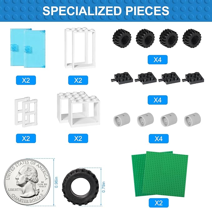 1000 Pieces Building Bricks, Classic Building Bulk Blocks for Kids with 12pcs Wheels Accessories, Windows, Doors, 2 Packs Studs Sticky Plate, Compatible with All Major Brands, Gfits for Kids