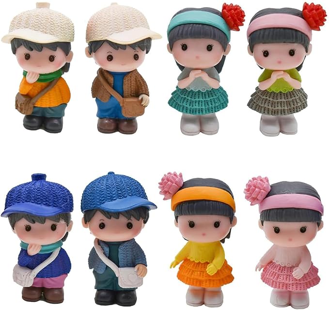 8Pcs Mini Boy and Girl Statue Dollhouse People Figures Set Resin Cake Toppers for DIY Birthday Party Gift Fairy Garden Micro Landscape Home Office Desktop Ornaments
