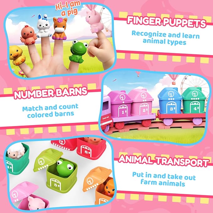 Train Set for Toddlers 2-4, Electric Toddler Train Set with Farm Animals, Music & Lights, Montessori Counting & Sorting Learning Toy, Birthday Easter for Boys Girls (Pink)