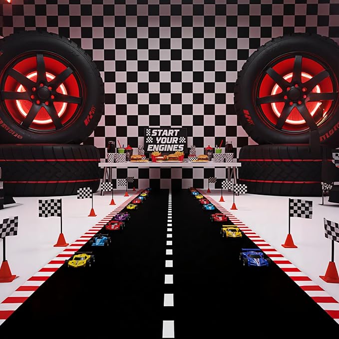 Racetrack Floor Running Black Racer Party Decoration Mat Road Table Runner Long Racetrack Tablecloth Drag for Party (Stripe Style,16 ft x 2 ft)