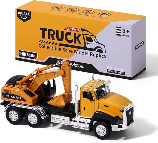 AIUAZA 1/50 Engineering Construction Vehicle, Dump Truck, Excavator, Mixer, Only The Front of The car is Made of Alloy，Collection Model car, Boy's Door Opening Pull Back car Toy (Excavator)