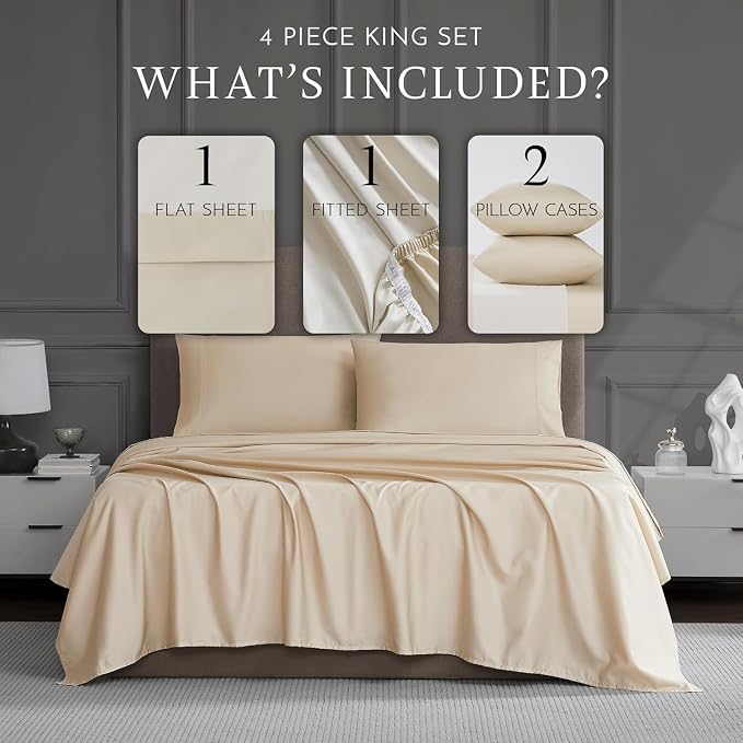 Linen Closet Luxury 1200 Thread Count King Size Sheets Set, 4 Pieces, Cotton Rich, Beige, Soft, Durable & Wrinkle Resistant Sateen Sheets, 16" Deep Pocket Fitted Sheet, Home & Hotel Essentials
