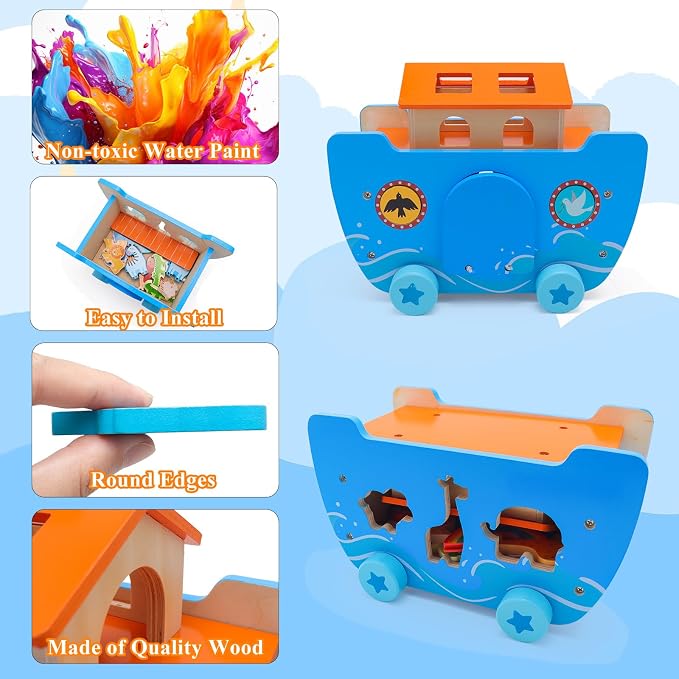 Yelakey Wooden Noah's Ark Toy Baptism Gifts for 1 2 3 4 Years Old Baby Boy and Girl Montessori Educational Toy for Toddlers with Bible Story Animal Shape Sorter