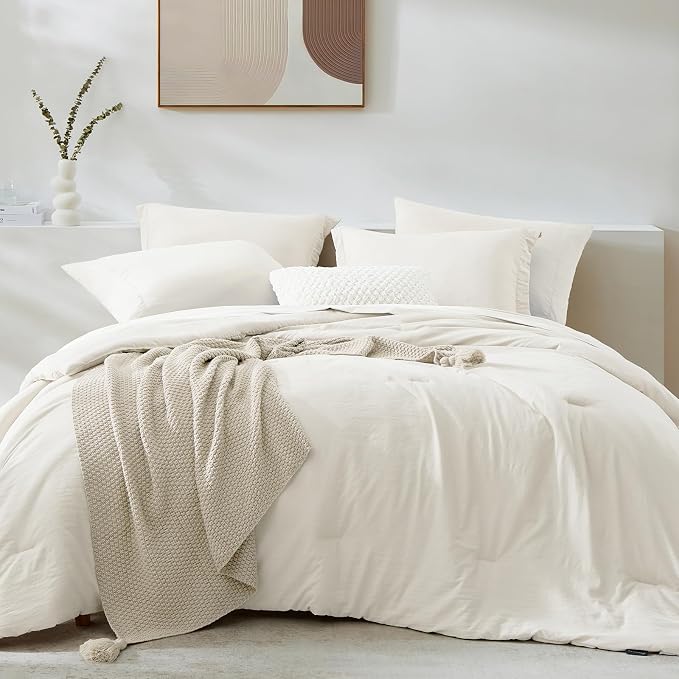 WRENSONGE Full Size Comforter Set- 7 Pieces White Bed in a Bag Full Size Comforter with Fitted Sheet, Flat Sheet, 2 Pillow Shams, 2 Pillowcases, Warm Bedding Sets for All Season