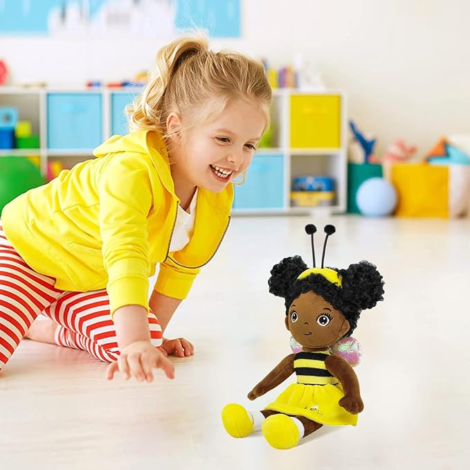 Black Baby Doll,Blacks Dolls African American Stuffed Toy,12” Rag Dolls for Girls Soft Gifts,Brown Doll Fairy Baby Toy plush toys for Christmas Birthday Party(SMALL-BLACK BEE)