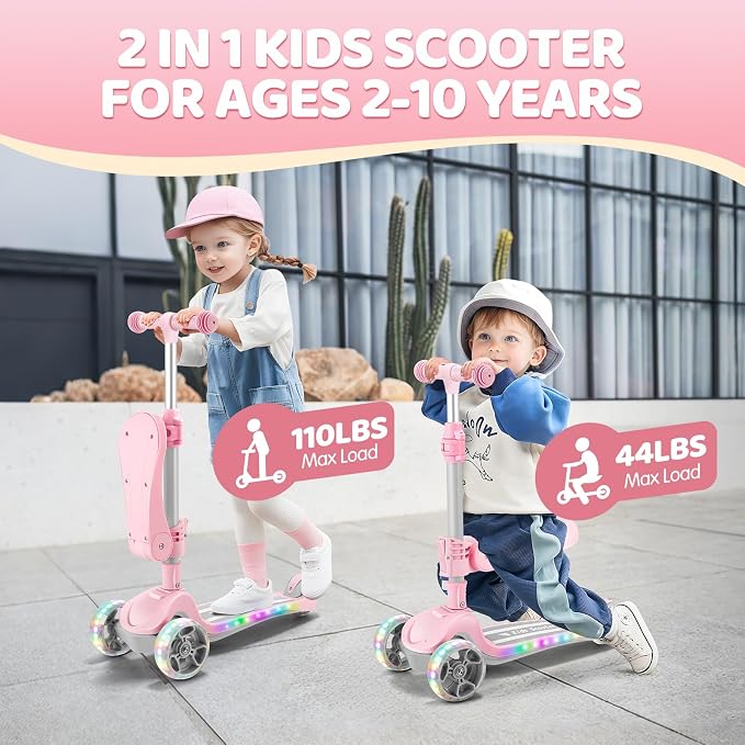 Kids Scooter with Seat, 2 in 1 Kick Toddler Scooter with LED Light-Up Wheels and Light up Deck, 4 Adjustable Heights, Lean to Steer, 3 Wheels Scooter Suitable for Boys & Girls Ages 2-8 Years