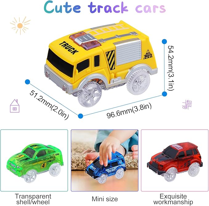 Tracks Cars 4PCS Magic LED Light-up Track Car Replacement Only,Flex Race Cars Glow in the Dark with 5 Flashing LED Lights Fits Most Tracks,Perfect Car Toys for 3-8 Kids,Boys&Girls