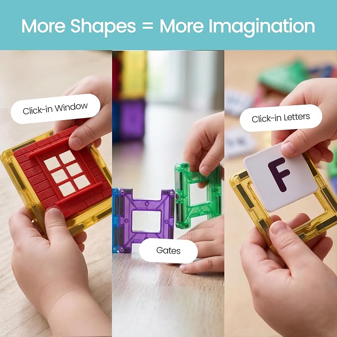 Playmags Magnetic Tiles for Kids 100-Piece Set, STEM Educational Building Blocks Toys for Kids, Includes Click-in ABC Learning Tiles, Gift for Boys & Girls, Add on Magnetic Figures, Car Set Available