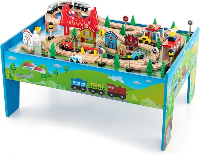 Costzon Train Table, 80 Pcs, Wooden Kids Activity Table Playset with Reversible & Detachable Tabletop, Solid Wood Tracks, Train, Railway, City, DIY Design, Gift for Boys & Girls, Multi-Color