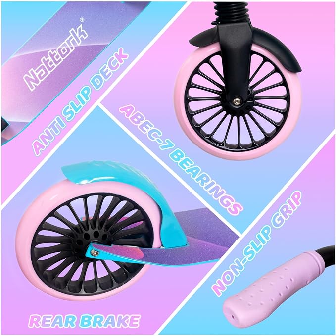 Nattork Kick Scooter for Age 6+ Kids Teens Adults, Max Load 240 LBS, Adjustable Height Foldable with 8" Large Wheels, Anti-Shock Suspension