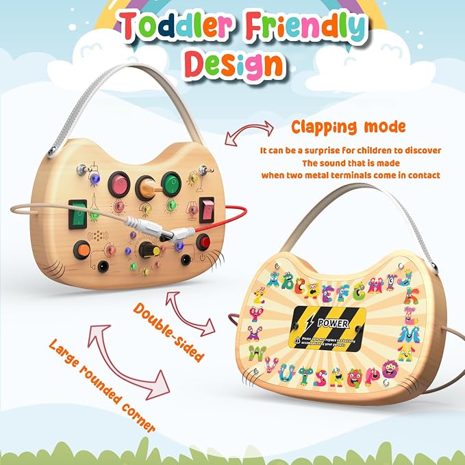 Busy Board with LED Light Switches,Toddlers Montessori Travel Toys for 1 2 3 Years Olds,Wooden Autism Activity Busy Board,Portable Sensory Switch Board toys 1+ Year Old Boy&Girl Birthday Gift