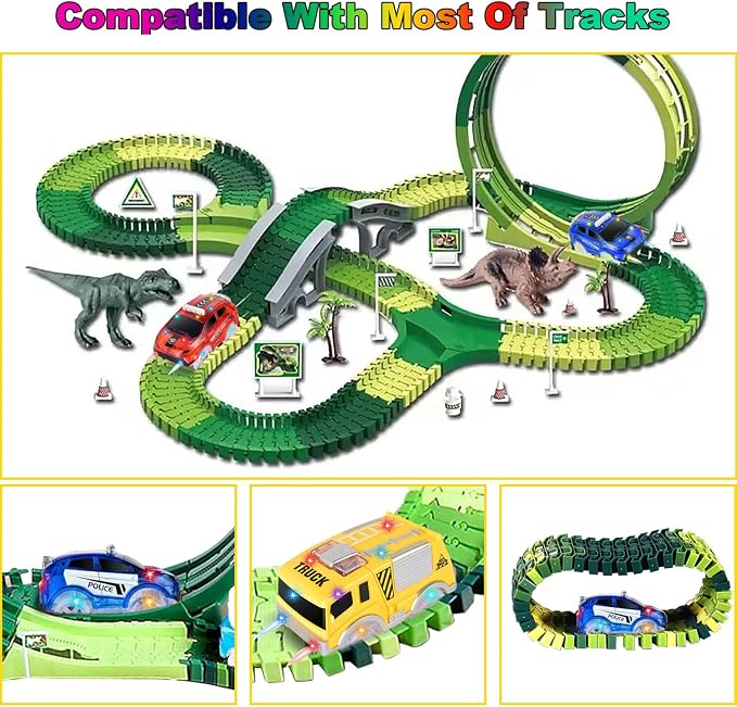 Tracks Cars Only Replacement, Flex Track Race cars for Magic Tracks Glow in the Dark with 5 Flashing LED Lights, Light Up Tracks Cars Compatible with Most Race Tracks for Kids (4pack) with Screwdriver