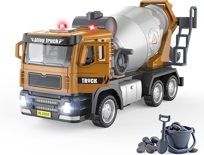 1:50 Die-Cast Concrete Mixer Truck Toy, Pull-Back with Lights Sounds, Rotating Mixing Drum, Opening Doors, with Simulated Gravel, for Kids 3-9