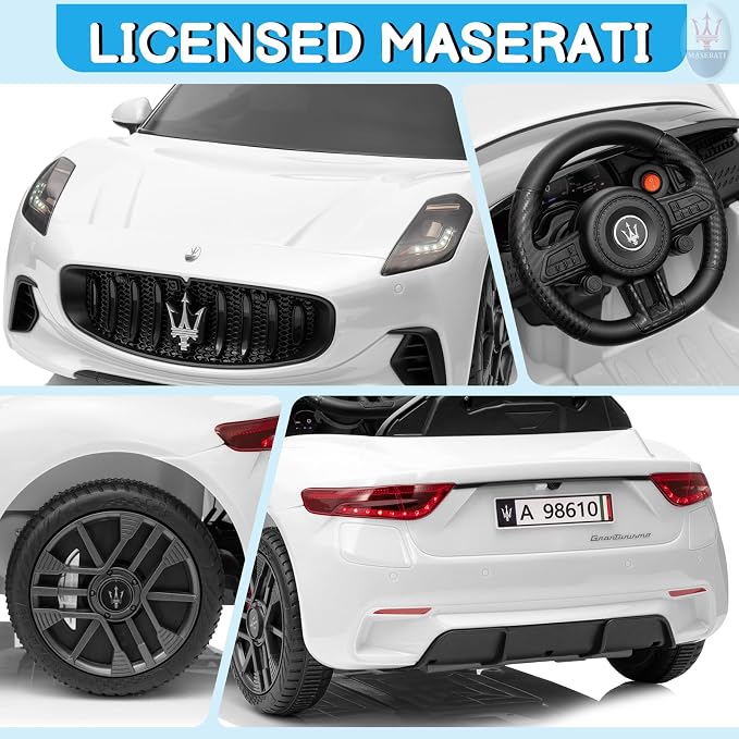 Winado 12V Ride on Car, Licensed Maserati Electric Car for Toddlers W/Remote Control, Battery Car for Kids with Bluetooth, 3 Speeds, LED & Rear Lights, Music & Horn (White)