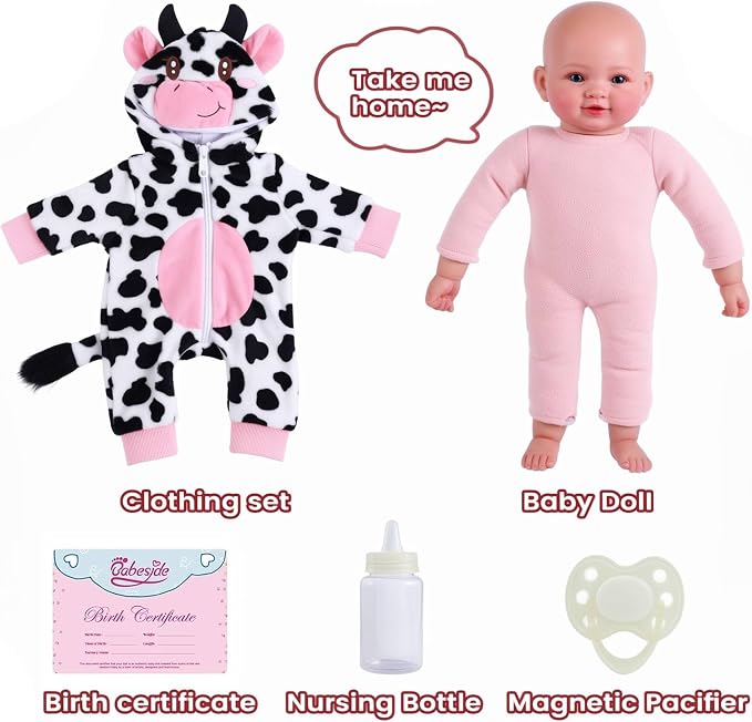 BABESIDE Baby Doll Girl - 17-Inch Soft Body Realistic Baby Doll with Blue Eyes and Cow Outfit Lightweight Real Life Baby Dolls for 3+ 4 5 6 7 8 9 Years Girl Birthday Gifts, Pretend Play and Christmas