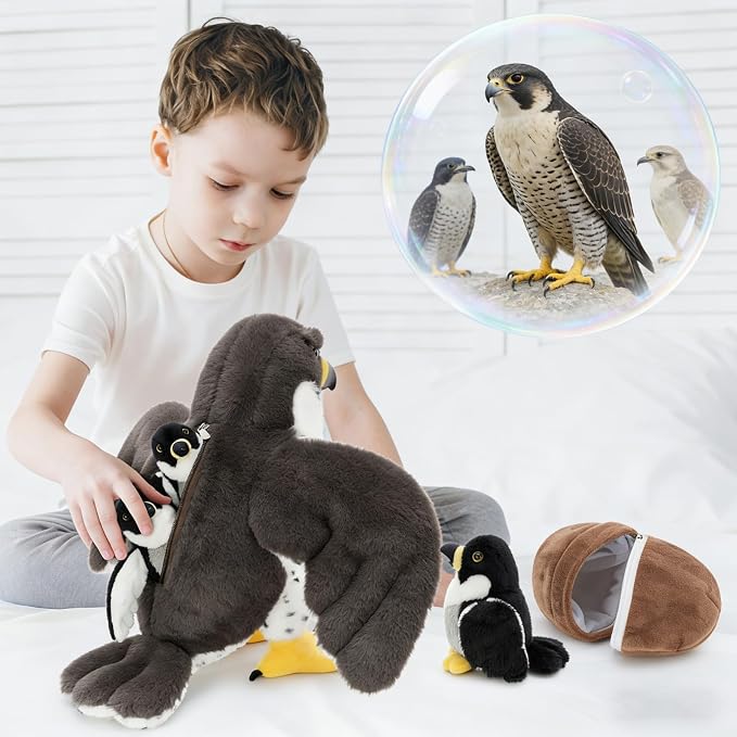 MaoGoLan 4 Pcs Peregrine Falcon Stuffed Animals Bulk with 3 Baby Birds Inside, 18 inch Giant Plush Falcon Toys Set Funny Stuffed Eagle Christmas Mother's Day