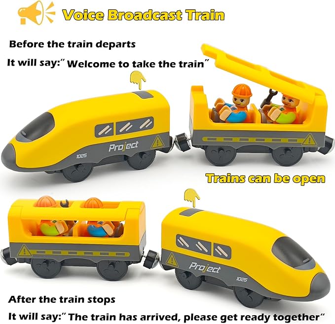 Battery Operated Police Train for Wooden Train Tracks with Figures Kids Magnetic Wooden Trains Set for Toddlers Boys 3-5 4-8 (Without Battery and Tracks) (Yellow)
