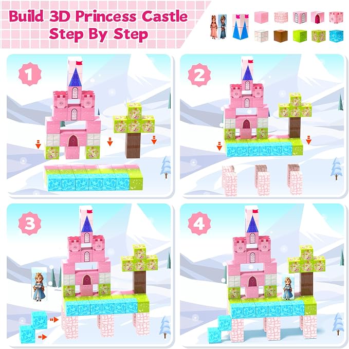 Hiwawind Large Magnetic Blocks 64Pcs (1-Inch), Princess Castle Building Toys, Birthday Gifts for 3 4 5 Year Old Girls, STEM Toddler Travel Toys for Age 3-8