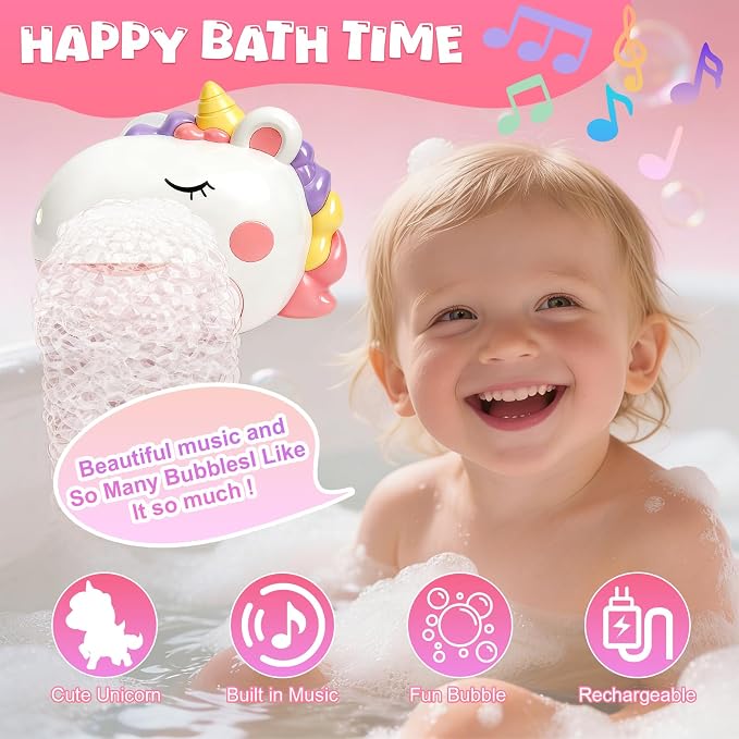 Baby Bath Toys, Unicorn Rechargeable Bath Bubble Machine, Automatic Bubble Maker with 12 Music, Bathtub Shower Water Toys, Toddlers Gifts for Girls Bathroom Toys Kids Ages 1-3 4-8