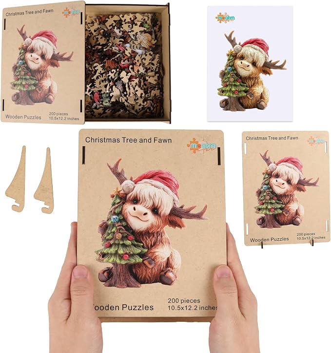 MEATRN Christmas Wooden Puzzles for Kids & Adults - Tree & Fawn Holiday Jigsaw Puzzle, 498 Pcs, 16.6"×19.2", Fun Family Game for Children’s Party, Winter Gathering, and Festive Entertainment