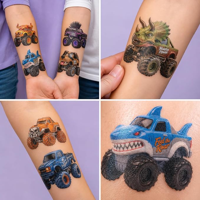 Monster Truck Temporary Tattoos for Kids - 96 Pcs Pre-Cut 3D Cute | Art Style Tattoos, 8 Sheets Dinosaur & Shark Truck Stickers for Boys Birthday Party Favors, Goodie Bag Stuffers, Rewards