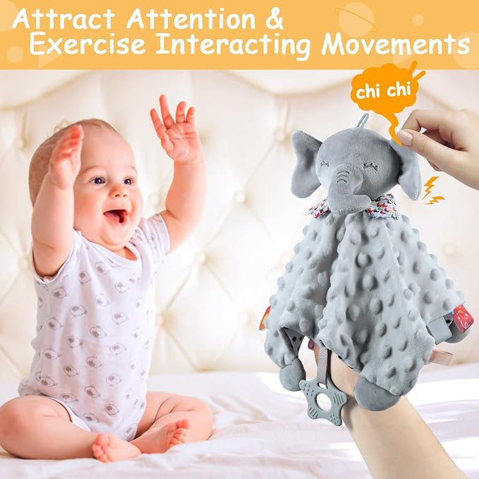 Elephant Security Blanket with Tags Teether Animal Taggie Soft Baby Blankets for Boys and Girls Baby Stuff for Newborn Toys Snuggle Baby Lovey Dotted Blanket Animal Soothing Crib Toy