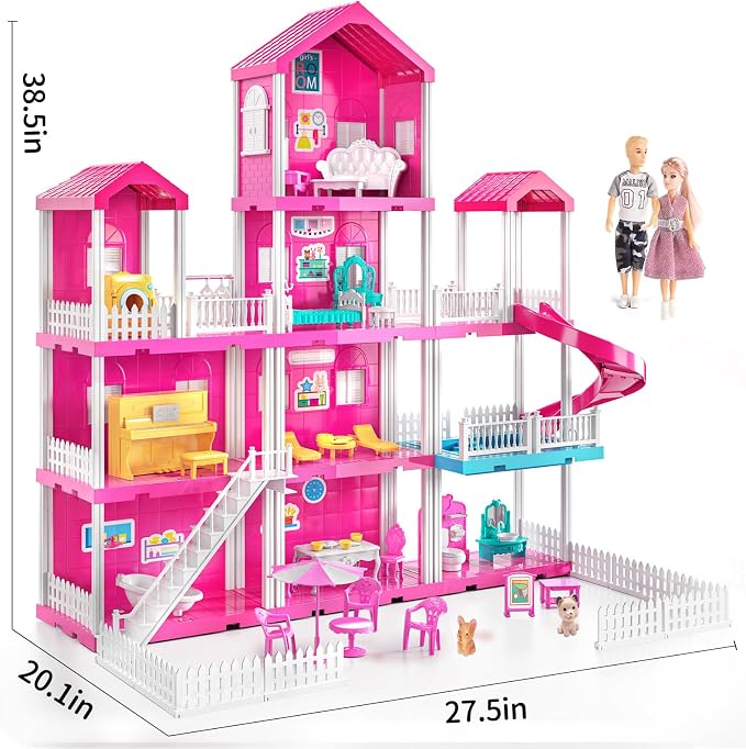 JUKUDAHU Pink Villa Playset for Girls Ages 3-7, 4-Story 10-Room House with 2 Dolls, Furniture & Accessories, Pretend Play Toddler Toy, Birthday Gifts for Kids 3-8